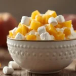 A spoon scooping into a fluffy peach dessert salad.