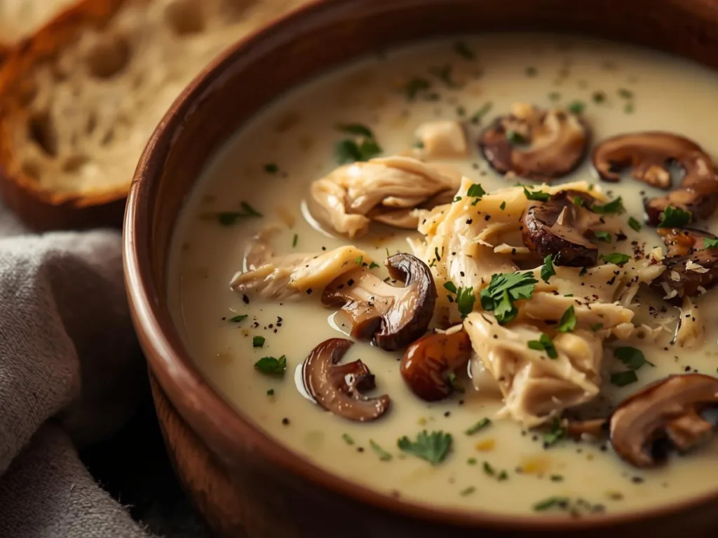Hearty Rotisserie Chicken Mushroom Soup with fresh thyme