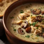 Hearty Rotisserie Chicken Mushroom Soup with fresh thyme