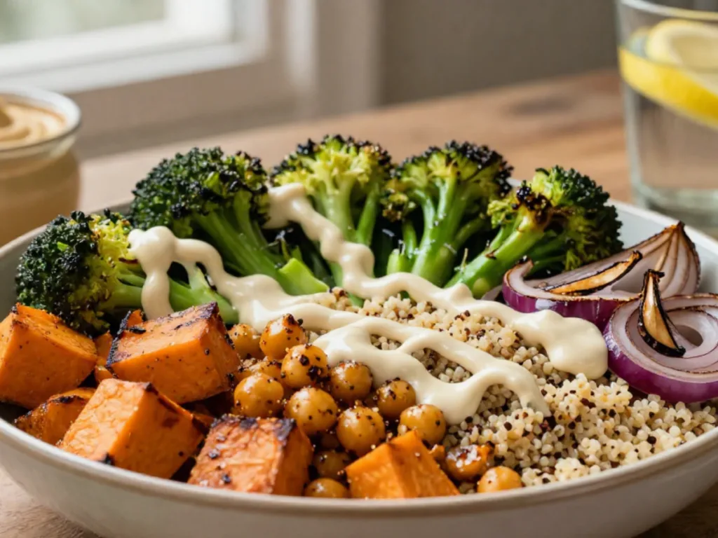 Roasted Mediterranean vegetables with tahini.