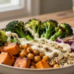 Roasted Mediterranean vegetables with tahini.