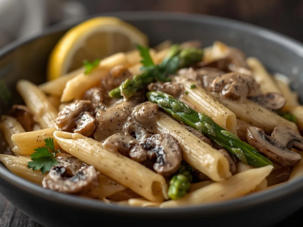 Homemade Mushroom Asparagus Chicken Penne served in a white ceramic bowl on a marble surface.