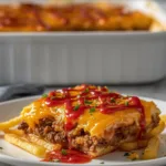 Cheeseburger French Fry Bake topped with fresh lettuce, tomatoes, and onions.