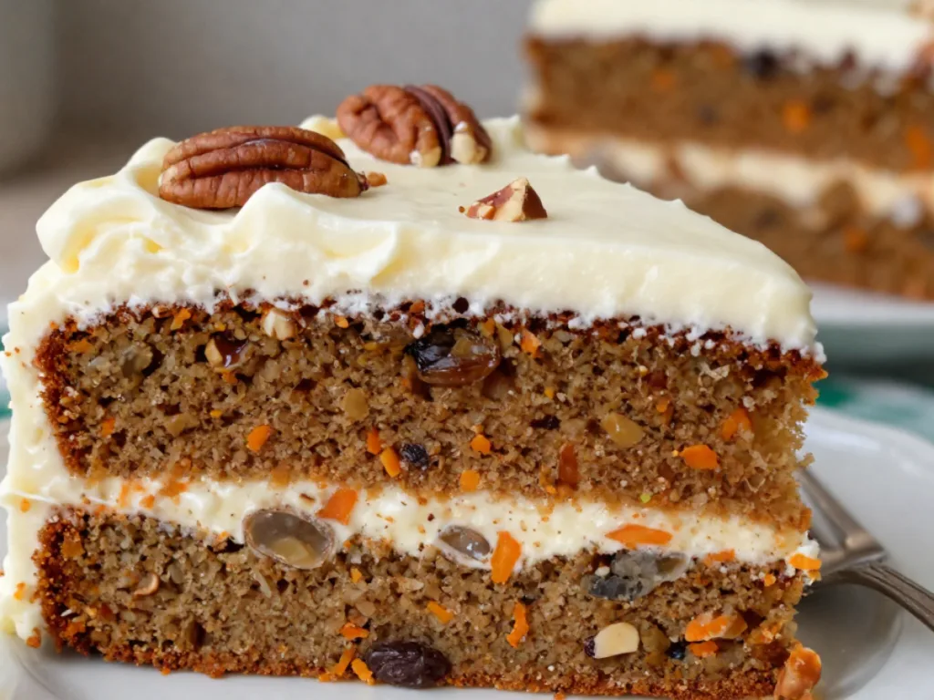 Close up of an easy homemade carrot cake with walnuts and a spiced aroma, highlighting a moist carrot cake dessert texture.