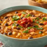Rustic bowl of Slow Cooker Cream Cheese Chicken Chili