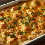 Golden baked Healthy Chicken Cauliflower Casserole with melted cheddar topping.
