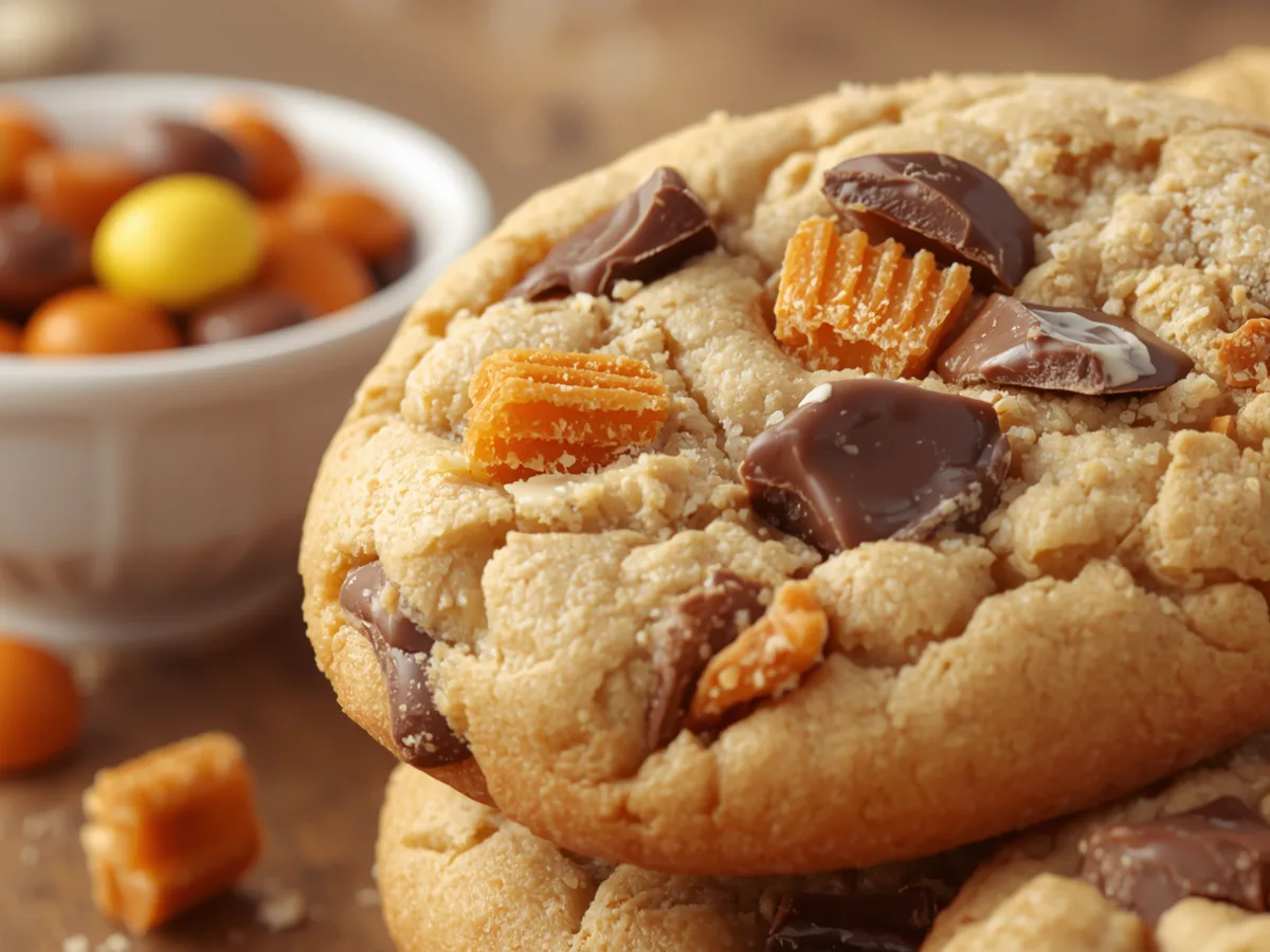 Gourmet Peanut Butter Butterfinger Cookies on a rustic plate with crushed candy.