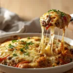 Golden Philly Cheesesteak Casserole in dish.