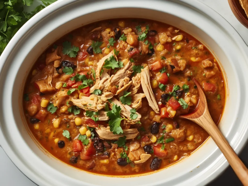 Slow cooker filled with fiesta chicken chili and cream cheese