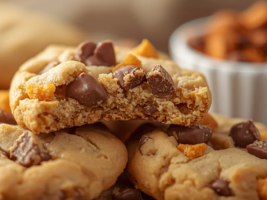 Overhead view of Butterfinger Peanut Butter Cookies next to a glass of milk.