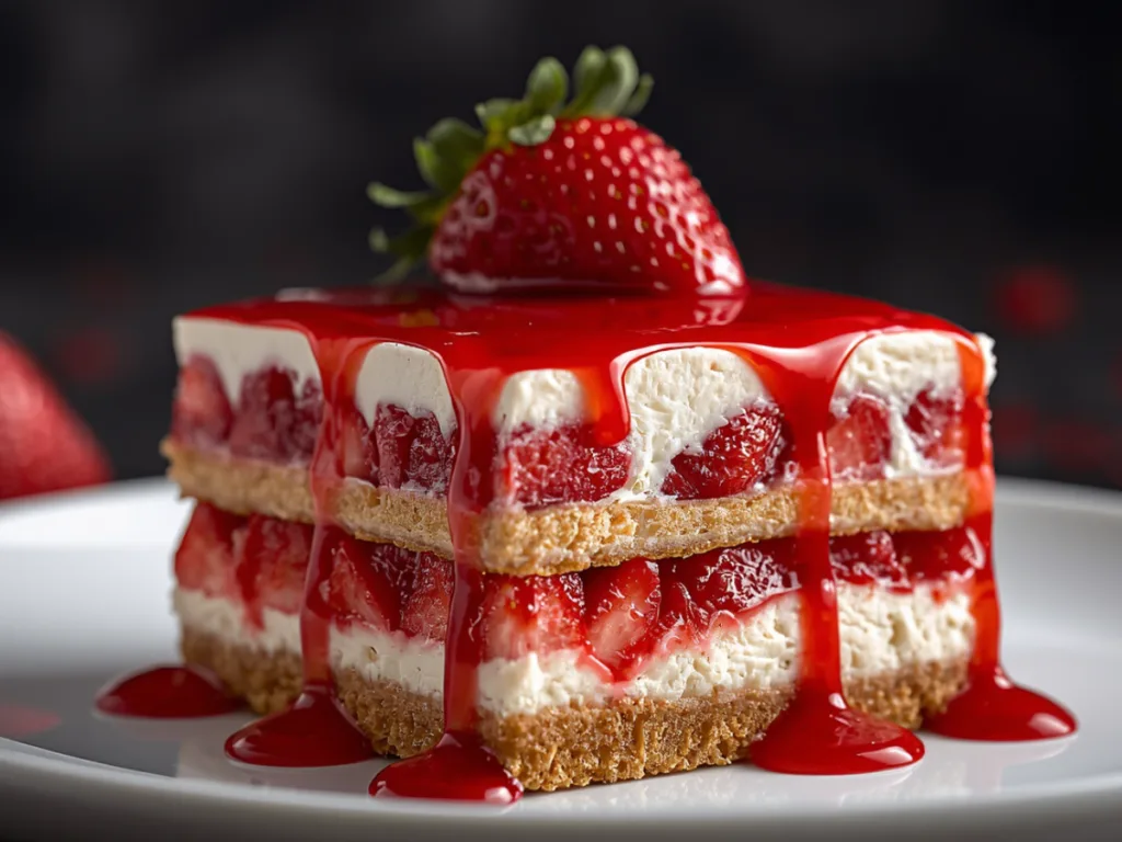 Top view of a 9x13 pan filled with no-bake strawberry cheesecake lasagna and fresh sliced berries.