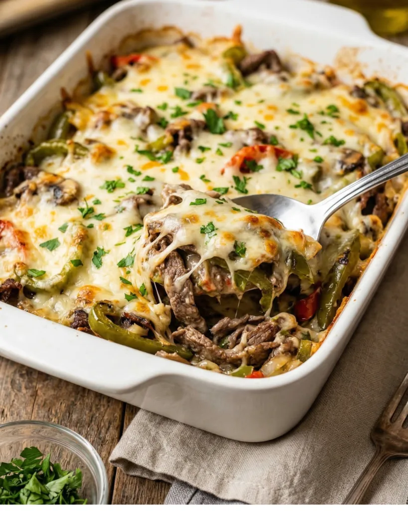 Serving of Philly Cheesesteak Casserole.