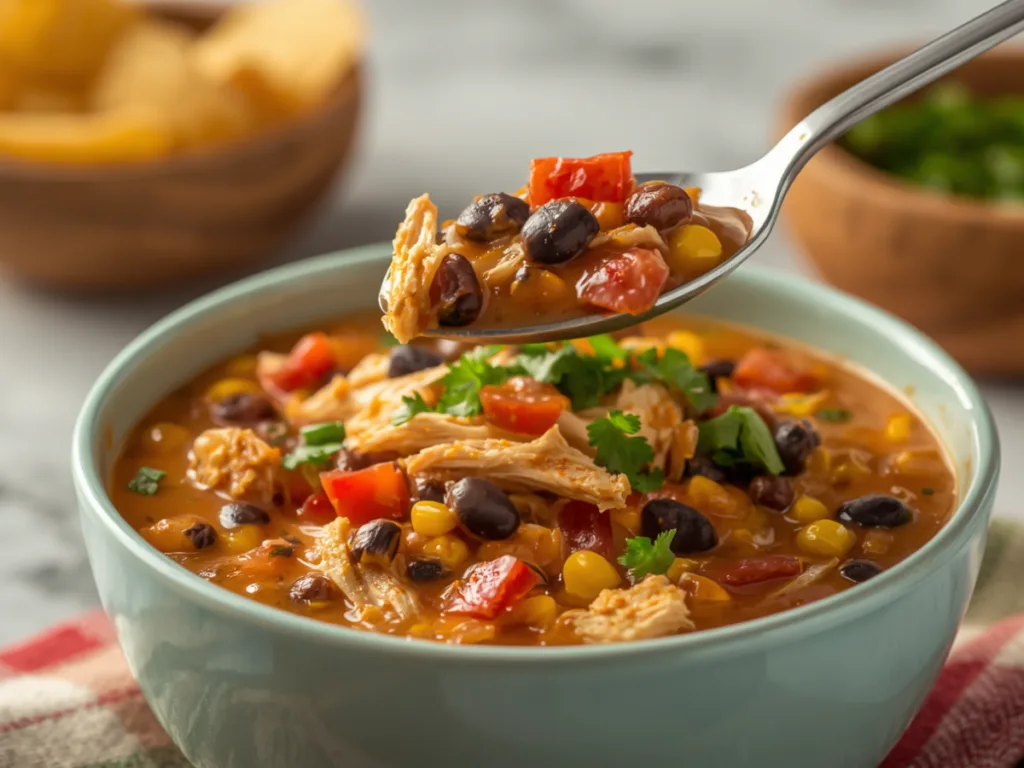 Shredded chicken breast chili served with corn bread