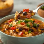 Shredded chicken breast chili served with corn bread