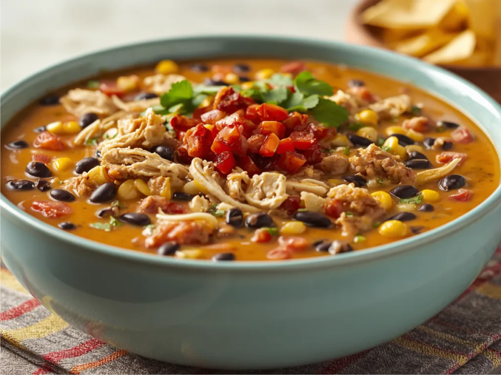 Crockpot Chicken Chili with melted cheddar.