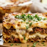 Traditional Italian lasagna recipe homemade with ground beef and herbs.