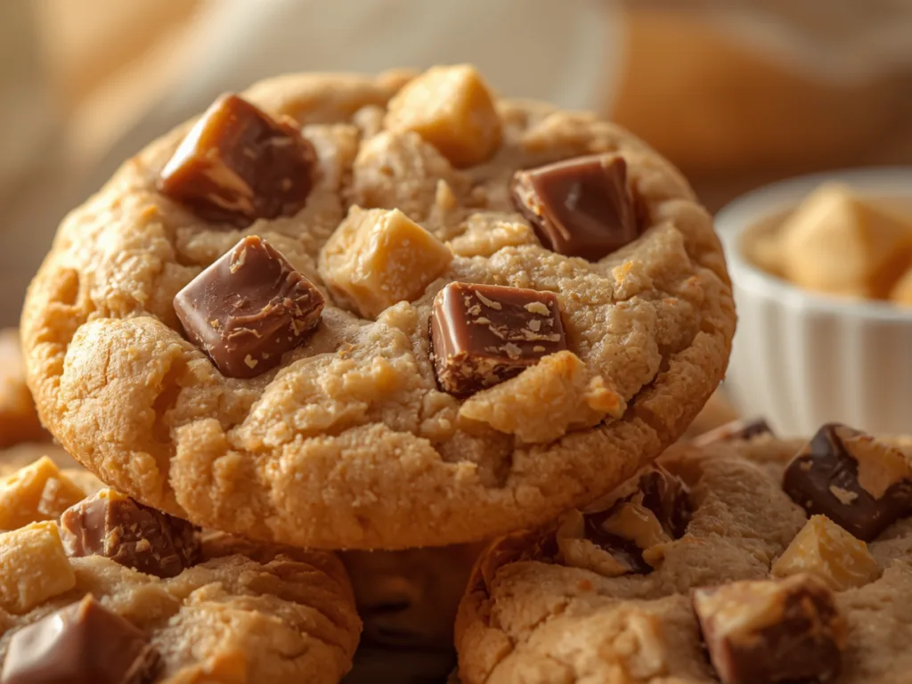 Freshly baked Soft Baked Cookies Recipes featuring Butterfinger Candy and peanut butter.
