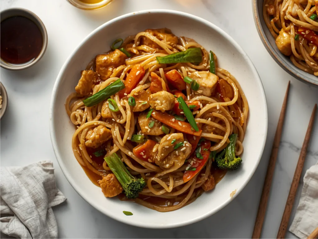 A beautiful plate of Chicken Lo Mein garnished with green onions and sesame seeds on a rustic wooden table.