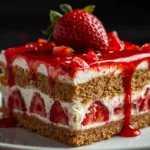 Someone taking a forkful of creamy no-bake strawberry cheesecake lasagna.